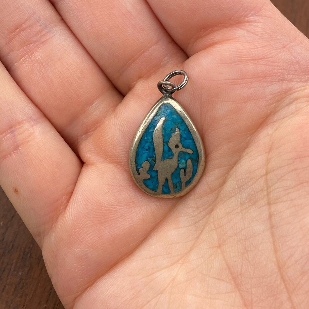 Vintage 925 Sterling Silver Blue Turquoise Inlay Roadrunner Pendant Charm